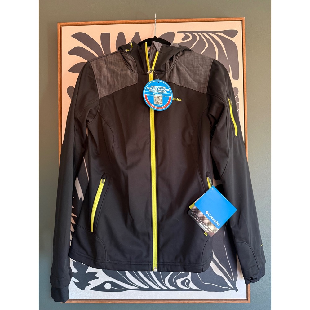 NWT Columbia Omni-Heat Softshell Jacket Womens Medium Black Neon Yellow Hooded M